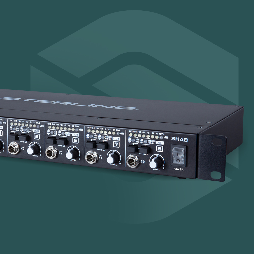 Sterling SHA8 8-channel rackmount headphone amplifier on green background with Sterling logo.